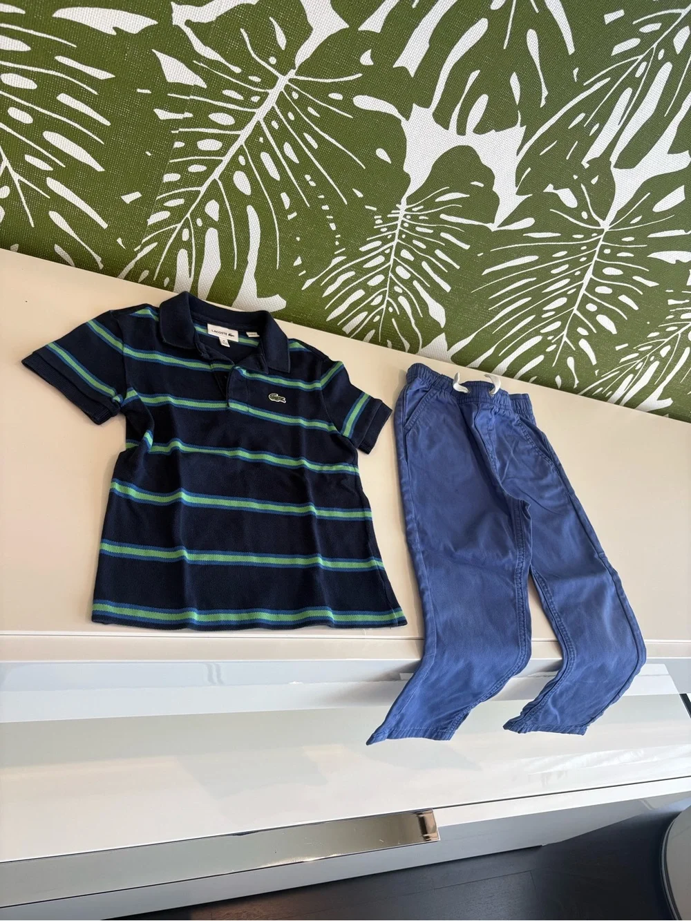 Lacoste Navy Polo with Teal & Light Blue Stripes and Blue Pants Set